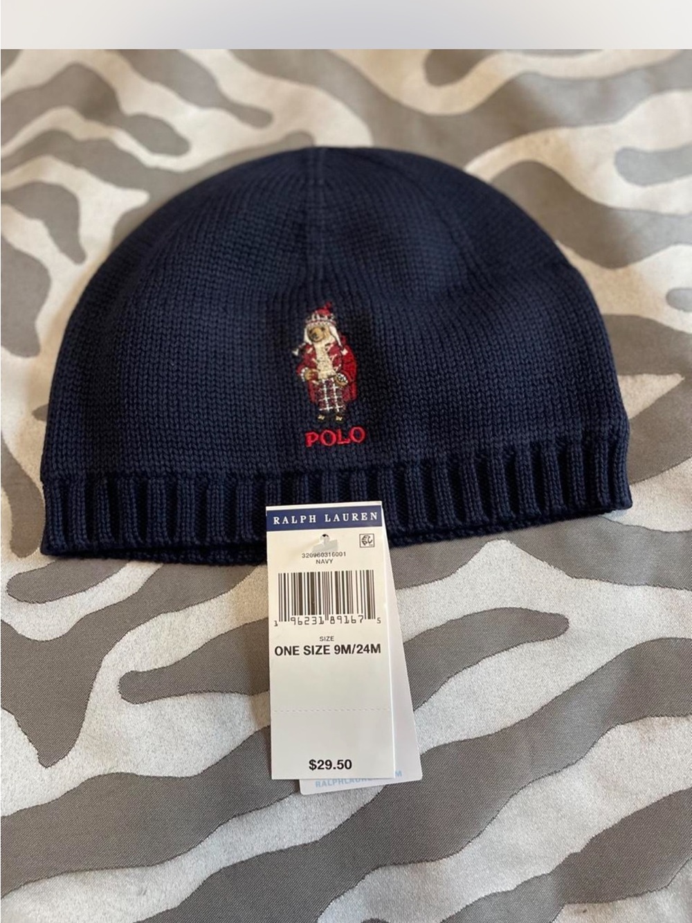 Ralph Lauren Navy Knit Beanie with Polo Bear Embroidery